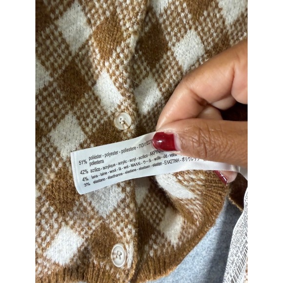 ZARA Argyle Cardigan Sweater Brown White Cropped Long Sleeve Knit Women's Large - Picture 4 of 8